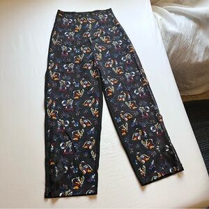 BATEEQ black satin floral abstract print tapered barrel balloon wide leg pants